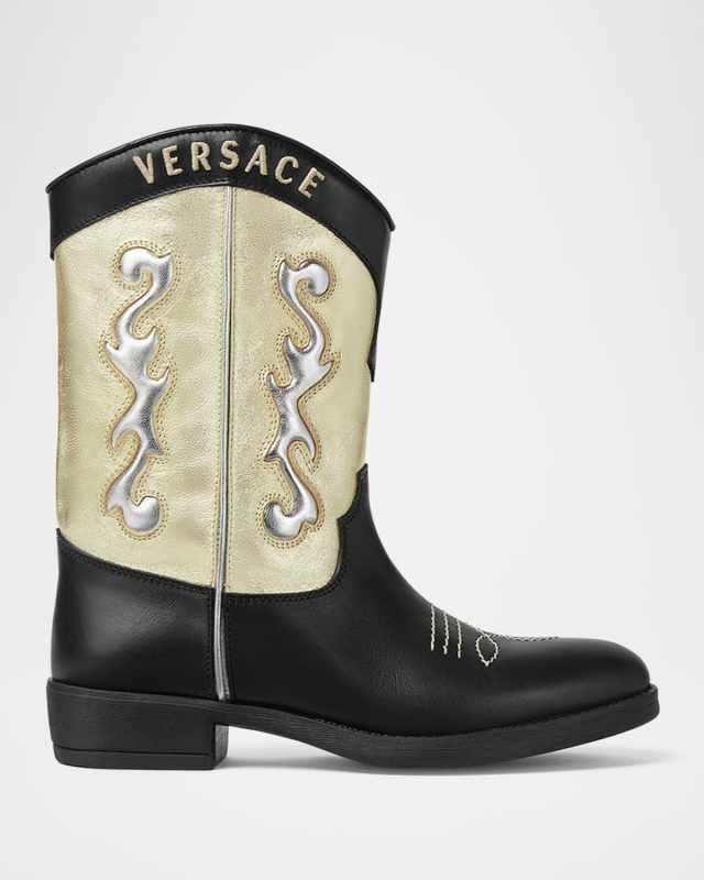 Girl's Calf Leather Laminated Embroidered Boots, Toddlers/Kids